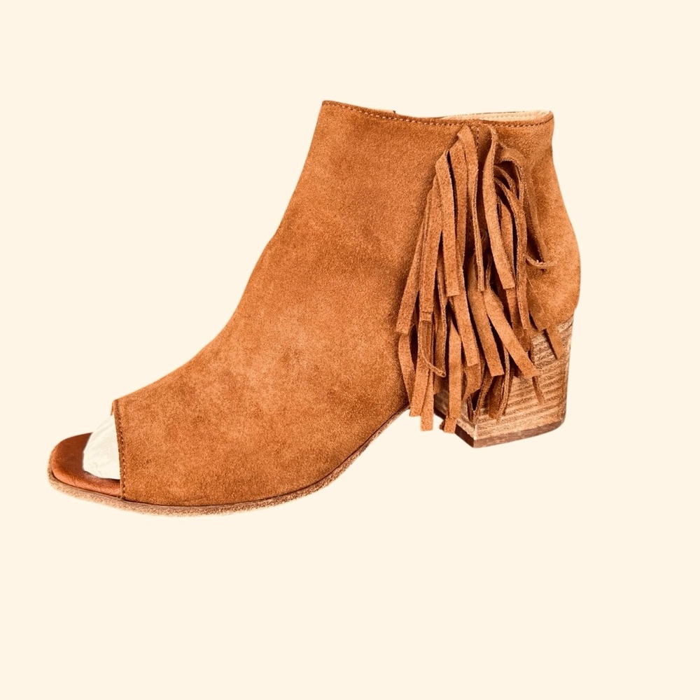Kenneth Cole Western Brown Suede Peep Toe Fringe Booties Size 8